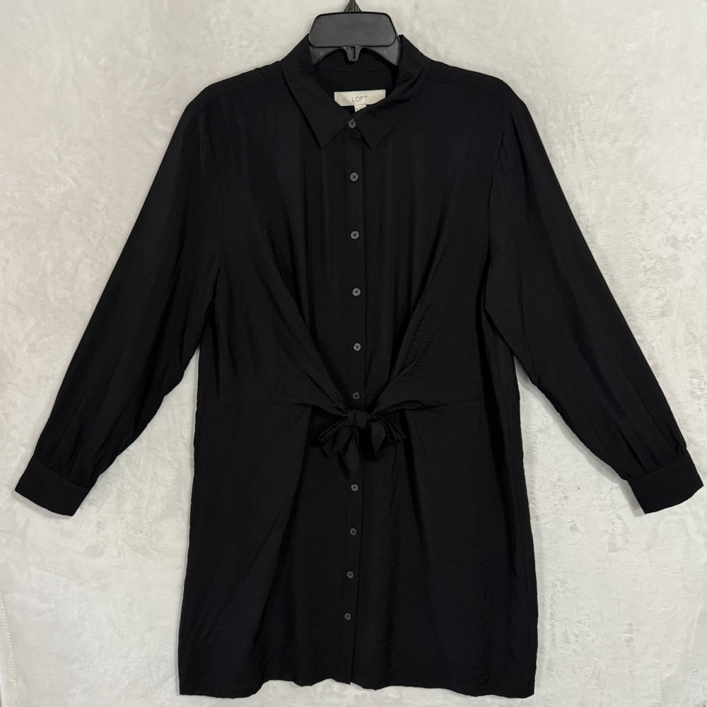 NEW Loft Dahlia Tie Front Mini‎ Shirt Dress Size 14 Black Collared Minimalist - Picture 12 of 12